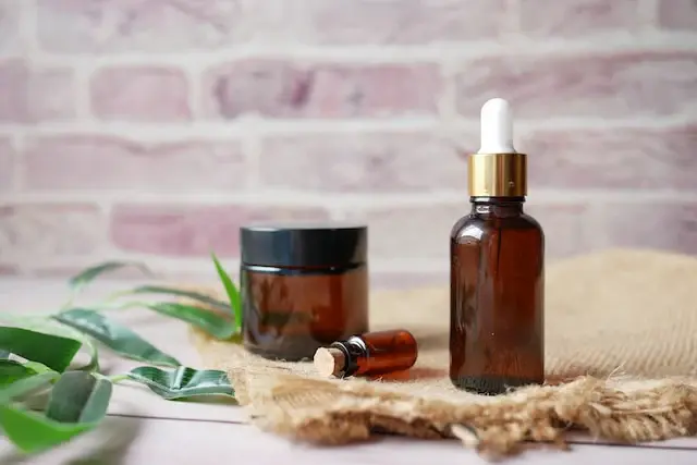 Amber skincare bottles and jar