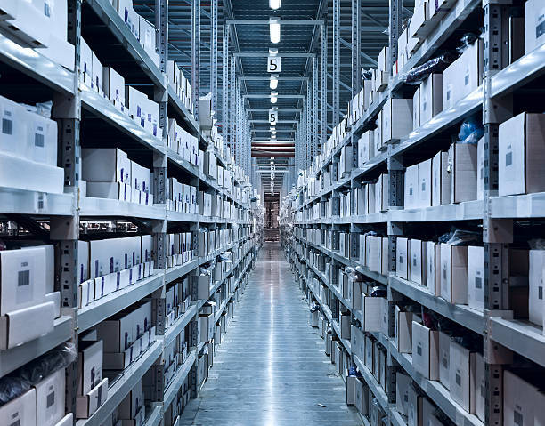 Warehouse aisle with beauty and wellness inventory storage