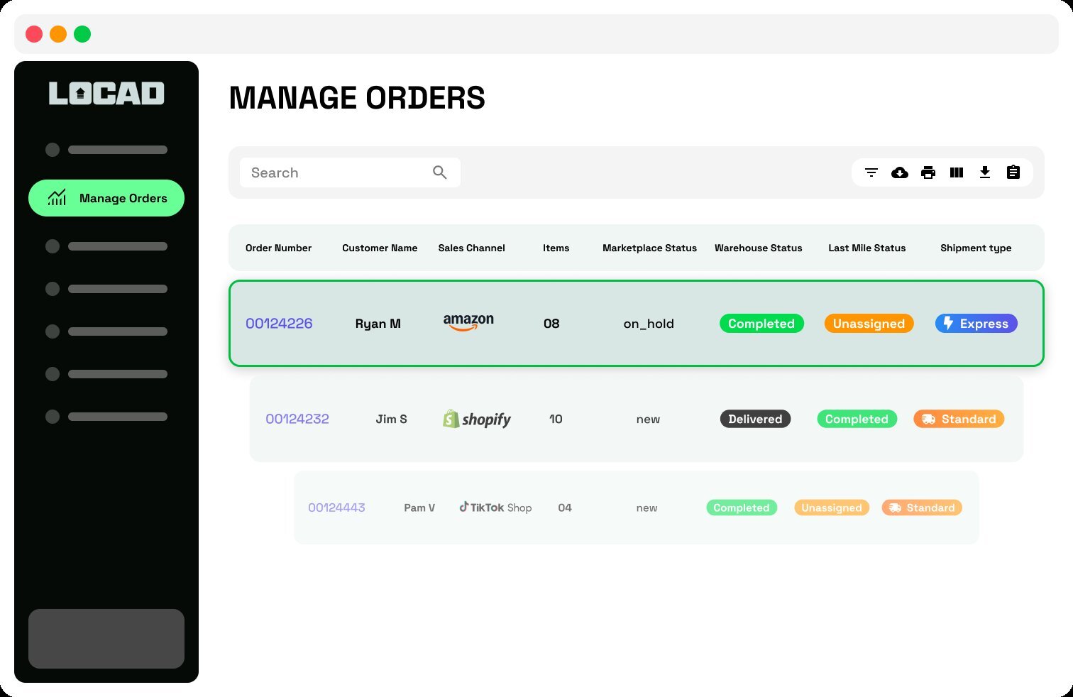 Manage orders dashboard